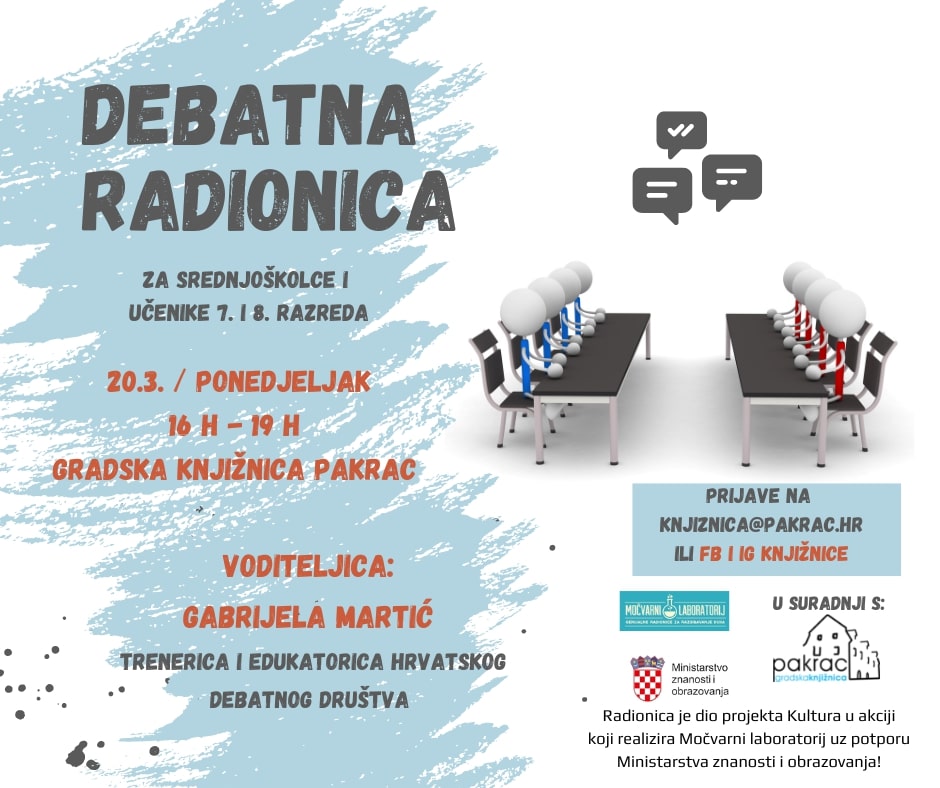 GRADSKA KNJIŽNICA PAKRAC Poziv srednjoškolcima na debatnu radionicu