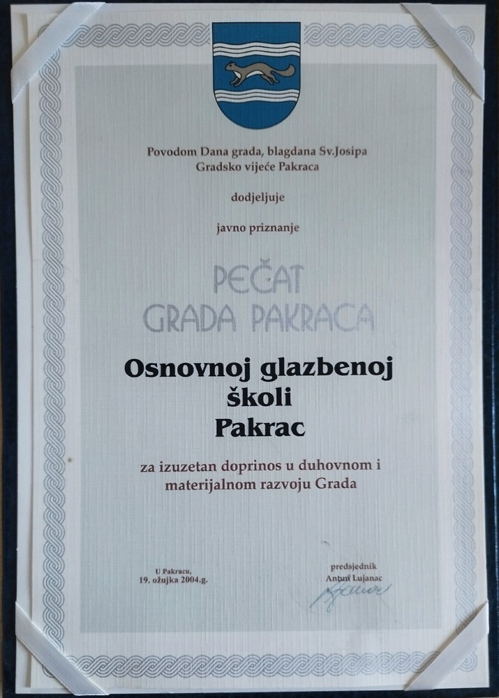 2004. OGŠ je dobila Pečat Grada Pakraca