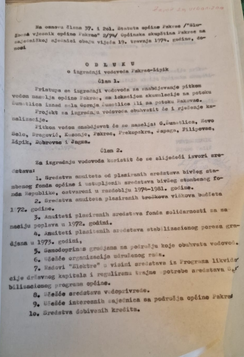 Dokument Odluke o izgradnji vodovoda iz 1974jpg
